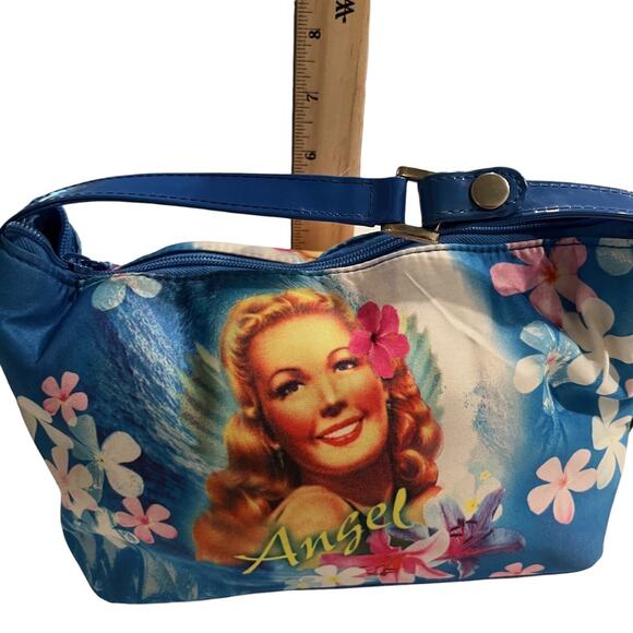 Modella Angel Retro Pin-Up Floral Cosmetic Bag Blue Zipper Handle NWT 9x6" - Picture 8 of 9
